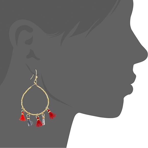 Boho Gold Beaded Hoop Drop Statement Earrings Red & Grey Fringe Tassels - Picture 4 of 11